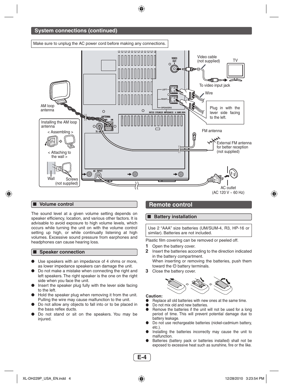 Volume control, Speaker connection, Remote control | Battery installation, System connections (continued) | Sharp XL-DH229 User Manual | Page 5 / 16