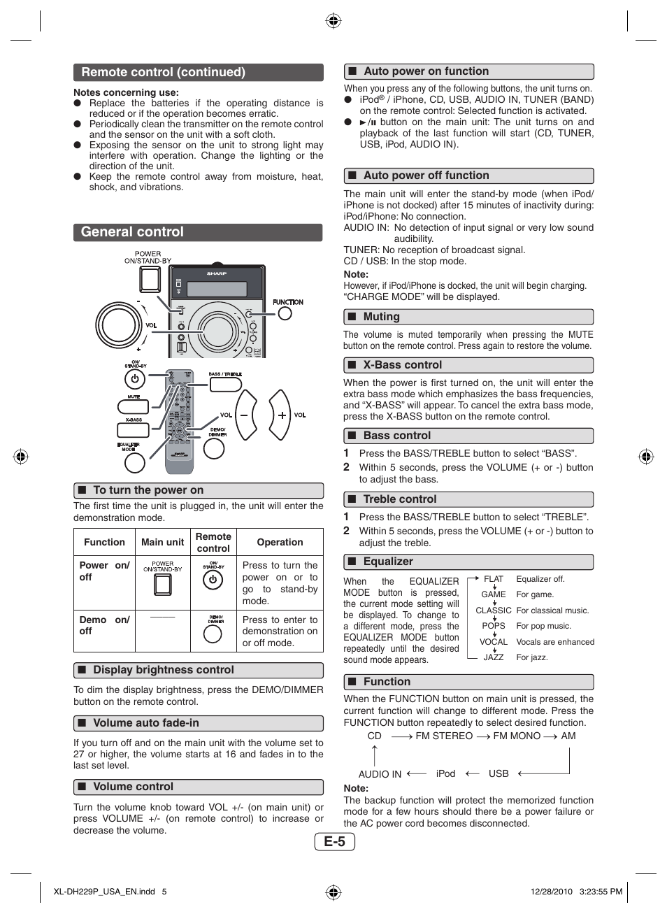 General control, Display brightness control, Volume auto fade-in | Volume control, Auto power on function, Auto power off function, Muting, X-bass control, Bass control, Treble control | Sharp XL-DH229 User Manual | Page 6 / 16