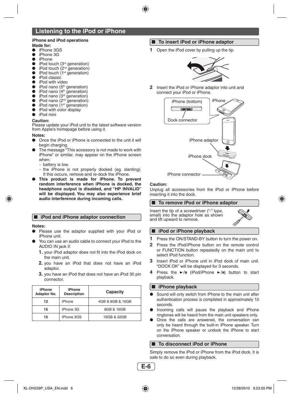 Listening to the ipod or iphone, Ipod and iphone adaptor connection, To insert ipod or iphone adaptor | To remove ipod or iphone adaptor, Ipod or iphone playback, Iphone playback, To disconnect ipod or iphone | Sharp XL-DH229 User Manual | Page 7 / 16