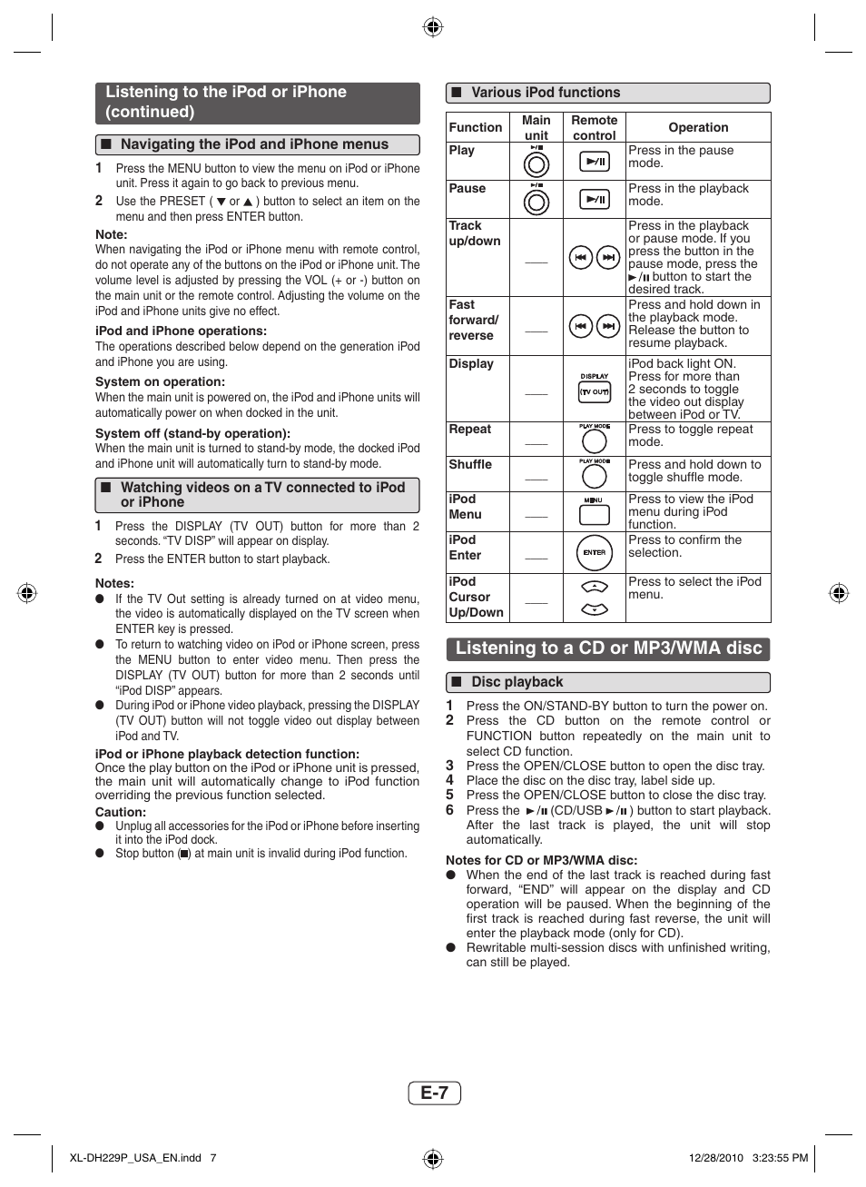 Navigating the ipod and iphone menus, Various ipod functions, Listening to a cd or mp3/wma disc | Disc playback, E-7 listening to a cd or mp3/wma disc, Listening to the ipod or iphone (continued) | Sharp XL-DH229 User Manual | Page 8 / 16