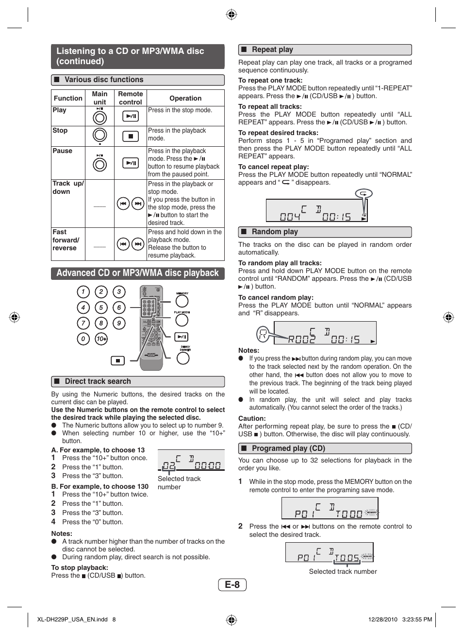 Various disc functions, Advanced cd or mp3/wma disc playback, Direct track search | Repeat play, Random play, Programed play (cd), Listening to a cd or mp3/wma disc (continued) | Sharp XL-DH229 User Manual | Page 9 / 16