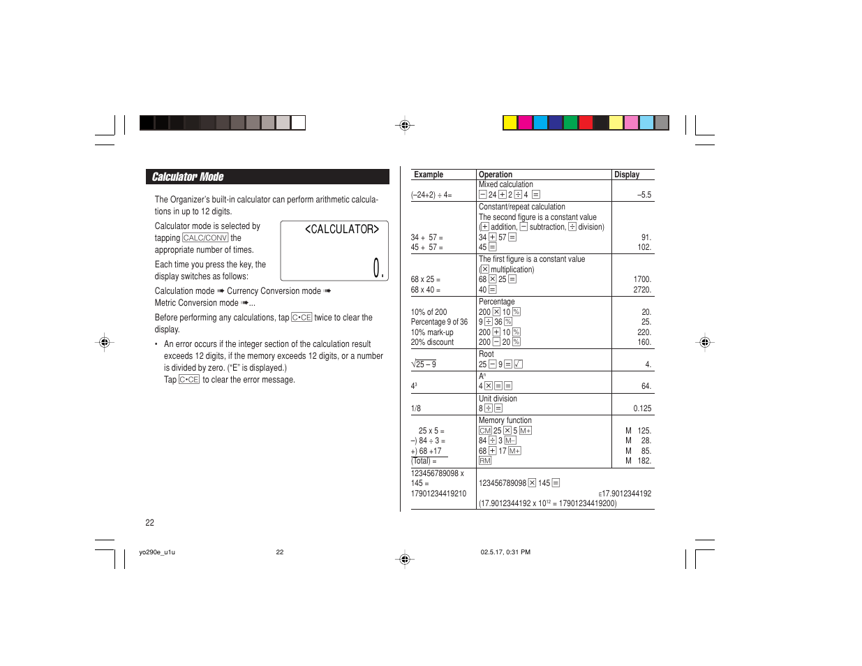 Calculator mode, Calculator | Sharp YO-290 User Manual | Page 24 / 56