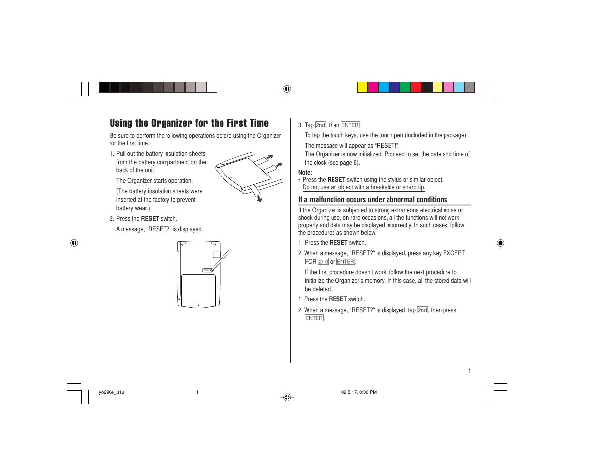 Using the organizer for the first time | Sharp YO-290 User Manual | Page 3 / 56