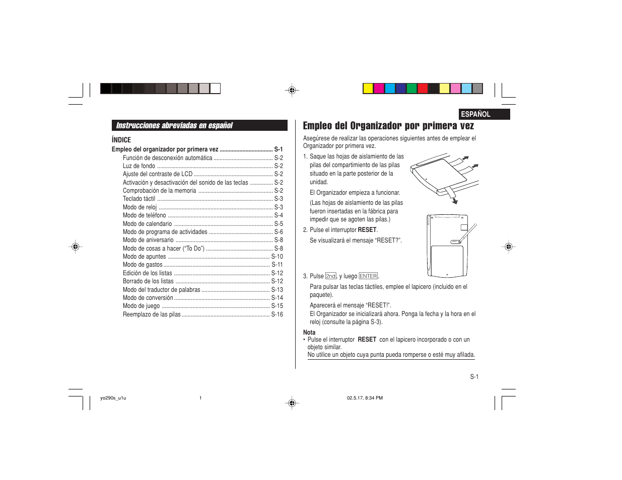 Empleo del organizador por primera vez | Sharp YO-290 User Manual | Page 35 / 56