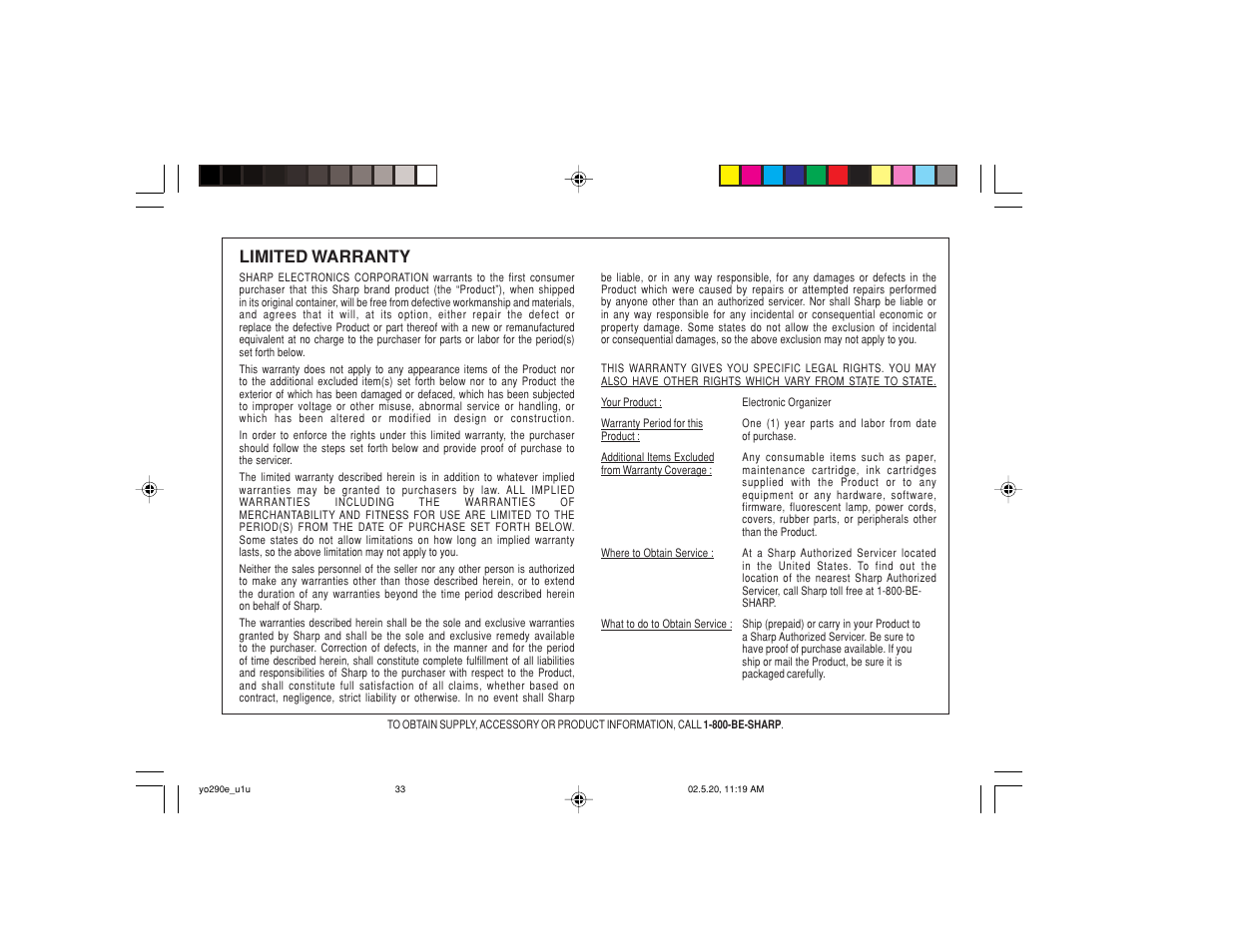 Limited warranty | Sharp YO-290 User Manual | Page 55 / 56