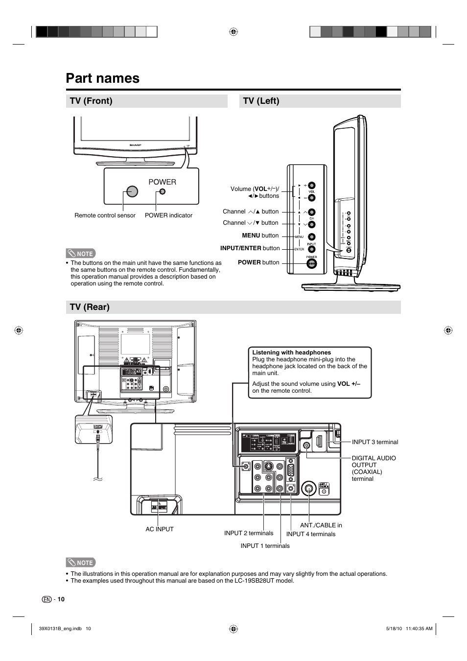 Part names, Tv (front), Tv (rear) tv (left) | Sharp AQUOS LC-19SB28UT User Manual | Page 12 / 32