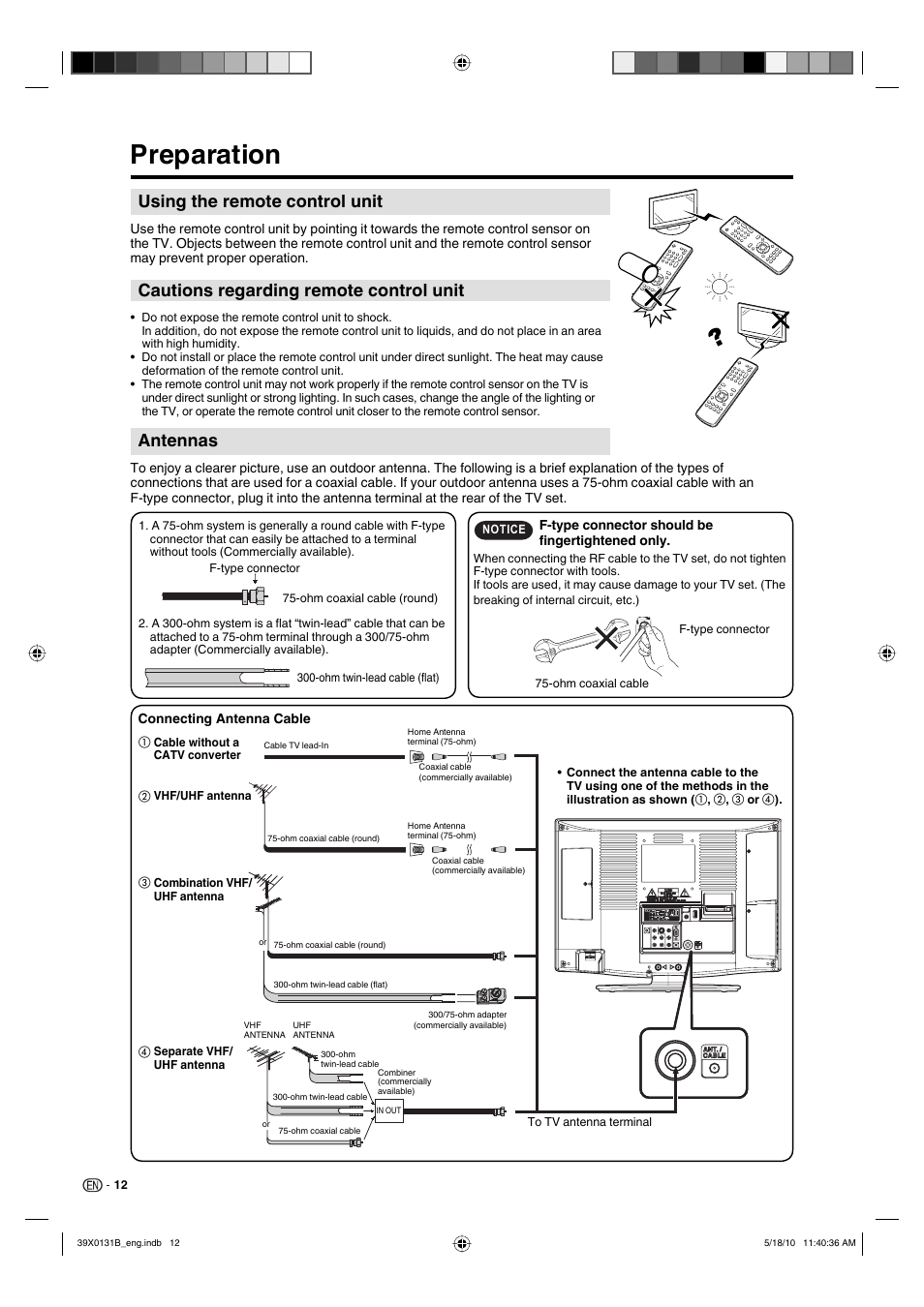 Preparation, Using the remote control unit, Cautions regarding remote control unit | Antennas | Sharp AQUOS LC-19SB28UT User Manual | Page 14 / 32