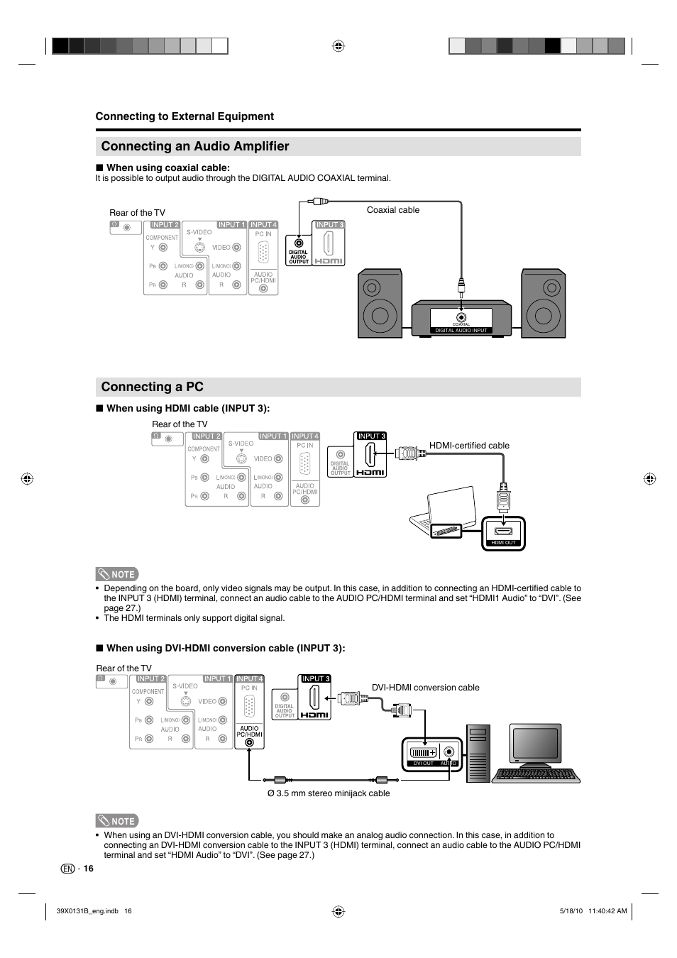 Connecting an audio amplifier, Connecting a pc, Connecting to external equipment | Sharp AQUOS LC-19SB28UT User Manual | Page 18 / 32