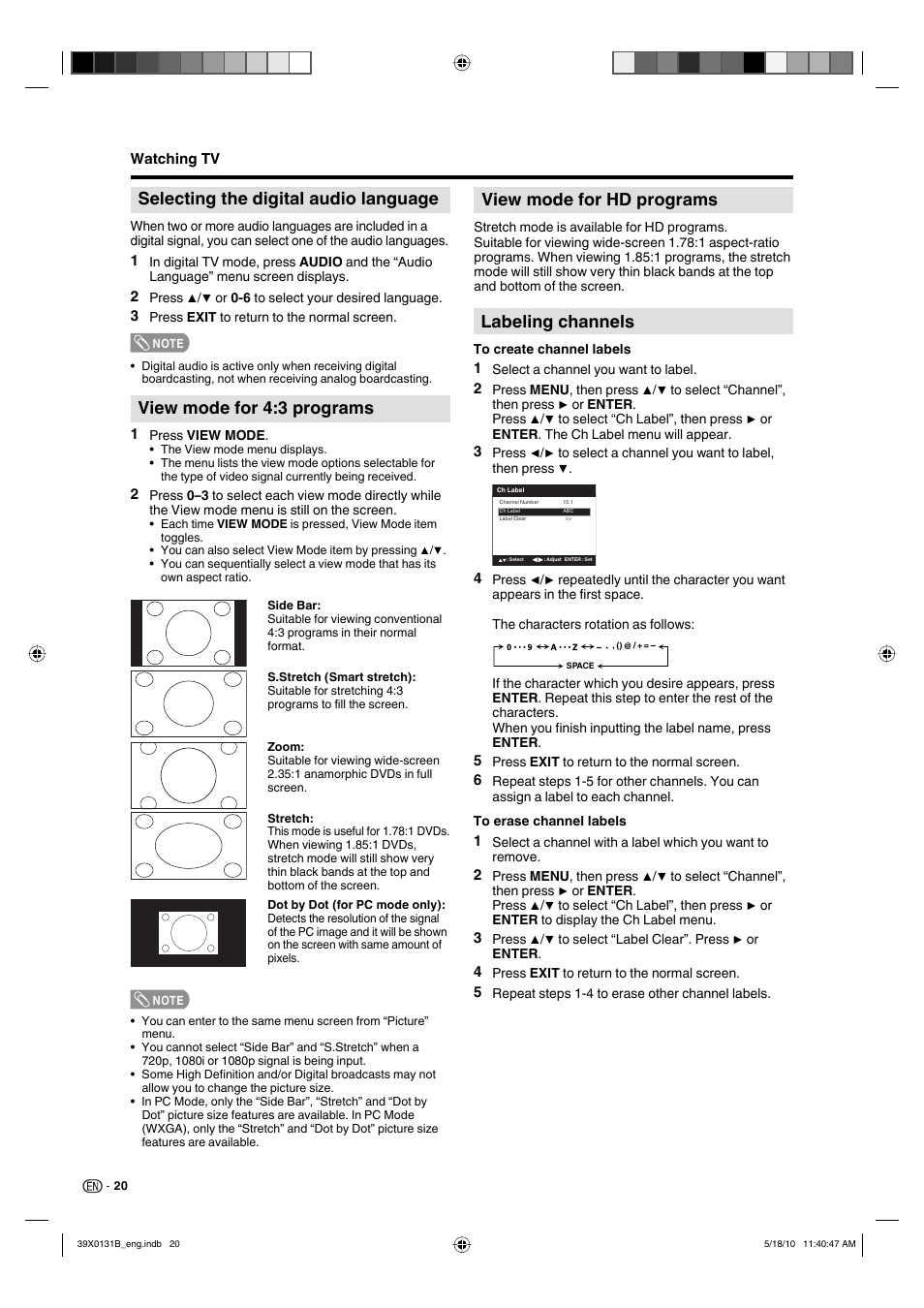 View mode for 4:3 programs, View mode for hd programs, Labeling channels | Selecting the digital audio language | Sharp AQUOS LC-19SB28UT User Manual | Page 22 / 32