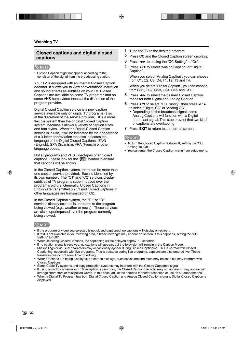 Closed captions and digital closed captions | Sharp AQUOS LC-19SB28UT User Manual | Page 24 / 32