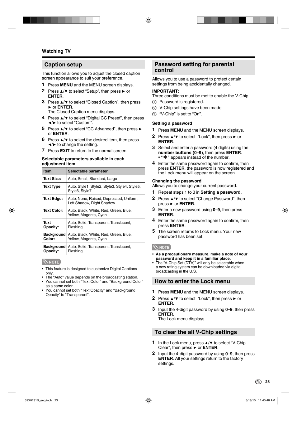 Caption setup, Password setting for parental control, How to enter the lock menu | Sharp AQUOS LC-19SB28UT User Manual | Page 25 / 32