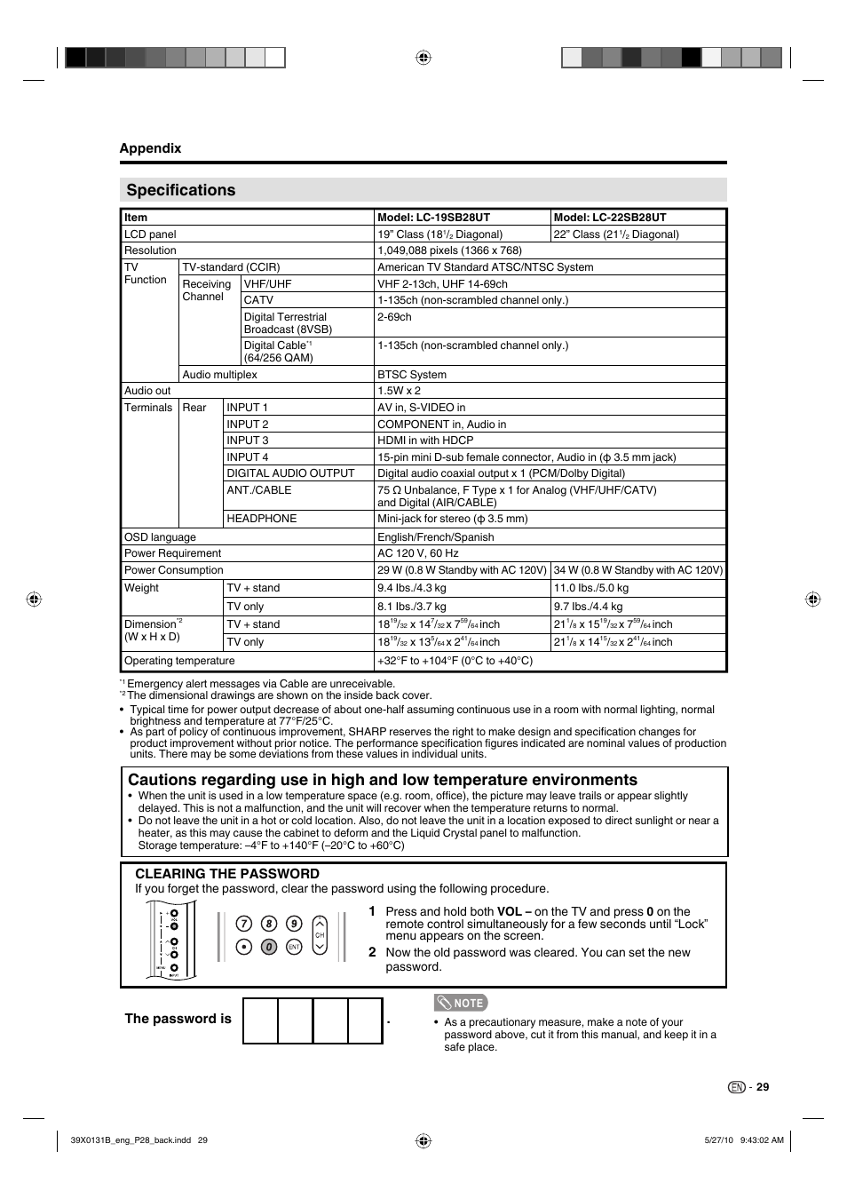 Specifications, Appendix, The password is | Clearing the password | Sharp AQUOS LC-19SB28UT User Manual | Page 31 / 32