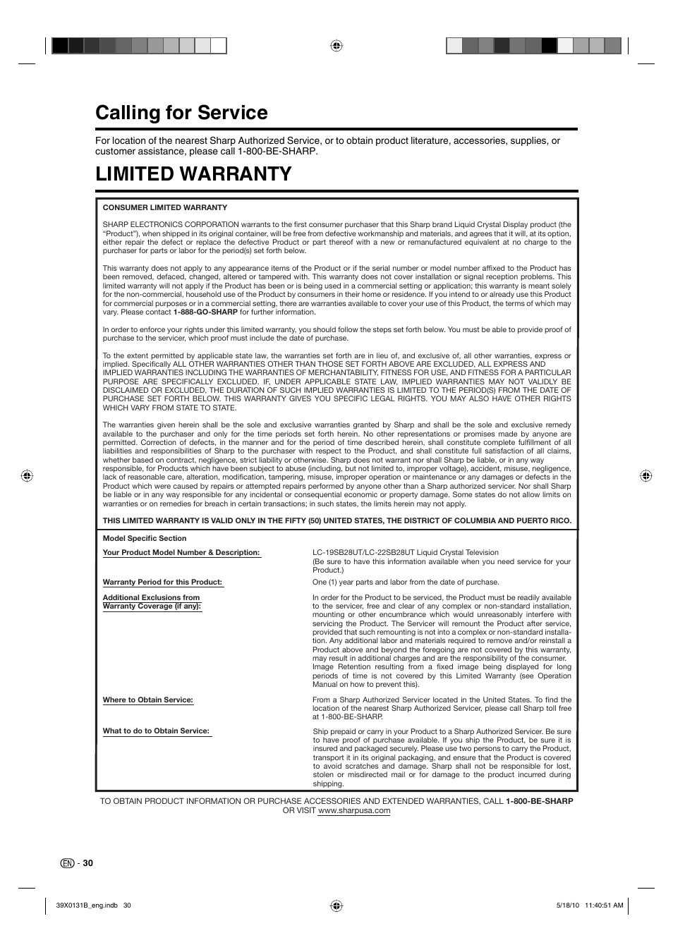 Calling for service limited warranty | Sharp AQUOS LC-19SB28UT User Manual | Page 32 / 32