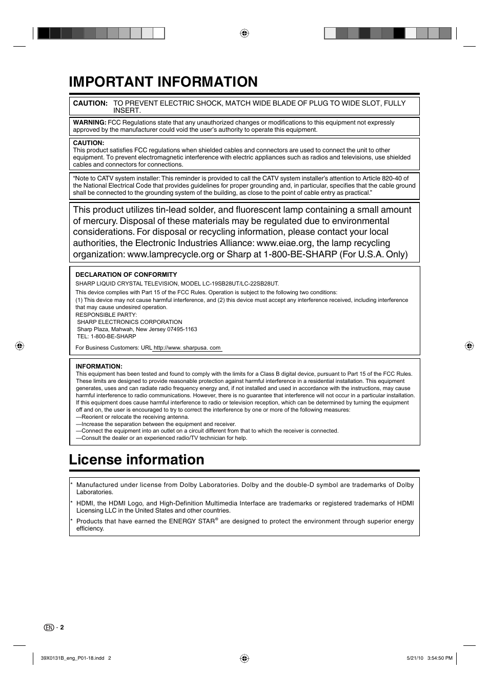 Important information, License information | Sharp AQUOS LC-19SB28UT User Manual | Page 4 / 32