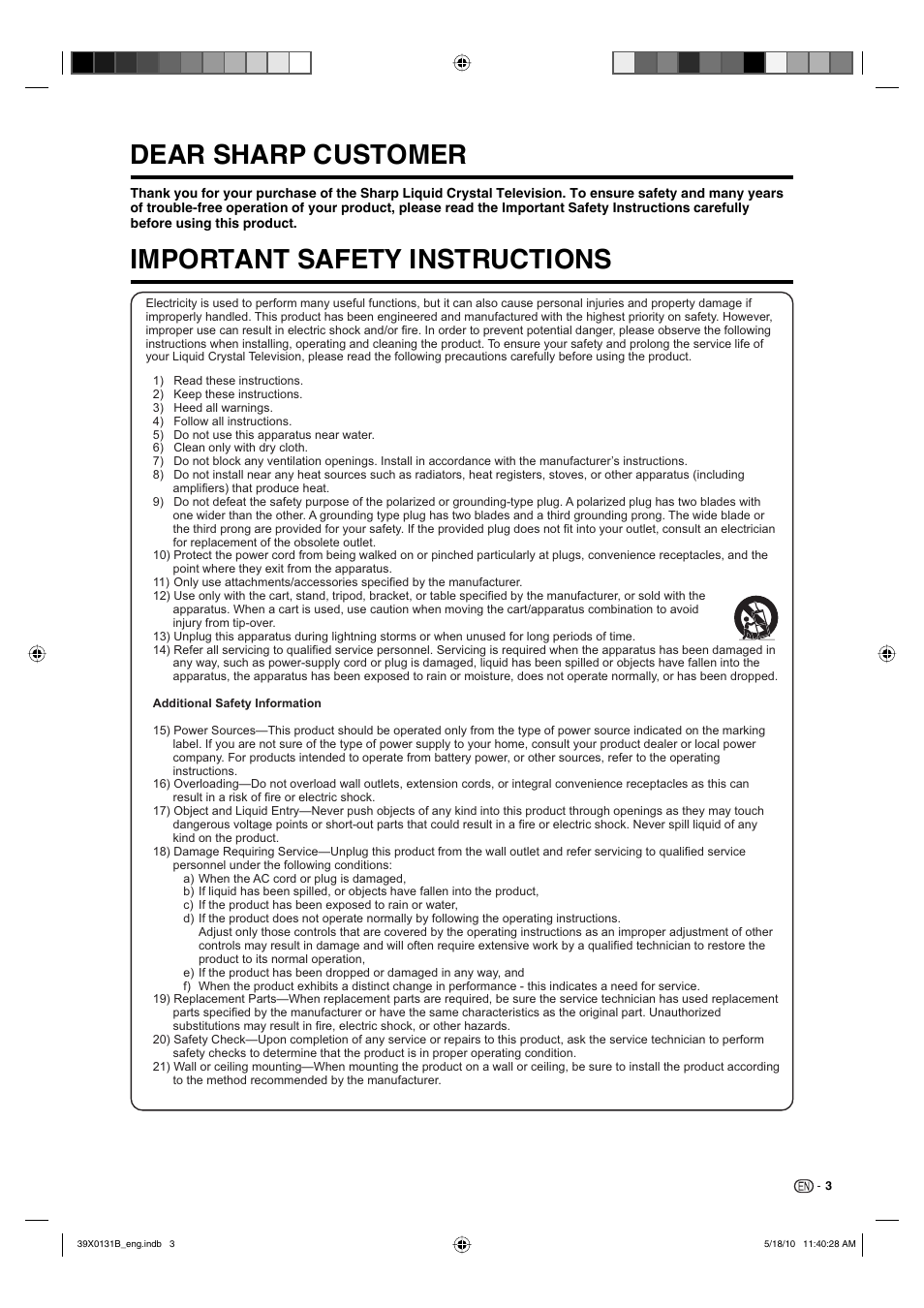 Dear sharp customer, Important safety instructions | Sharp AQUOS LC-19SB28UT User Manual | Page 5 / 32