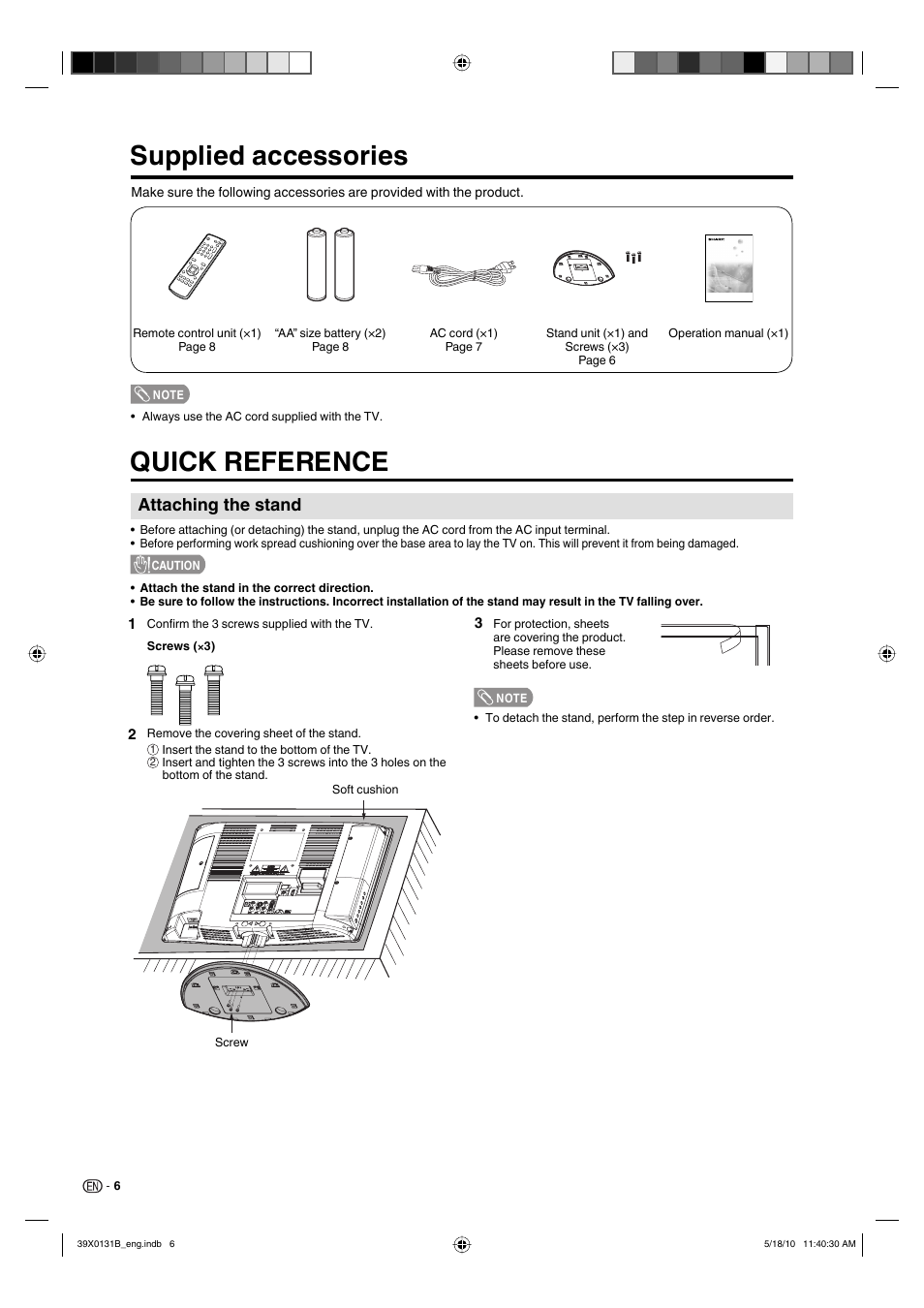 Supplied accessories, Quick reference, Attaching the stand | Sharp AQUOS LC-19SB28UT User Manual | Page 8 / 32