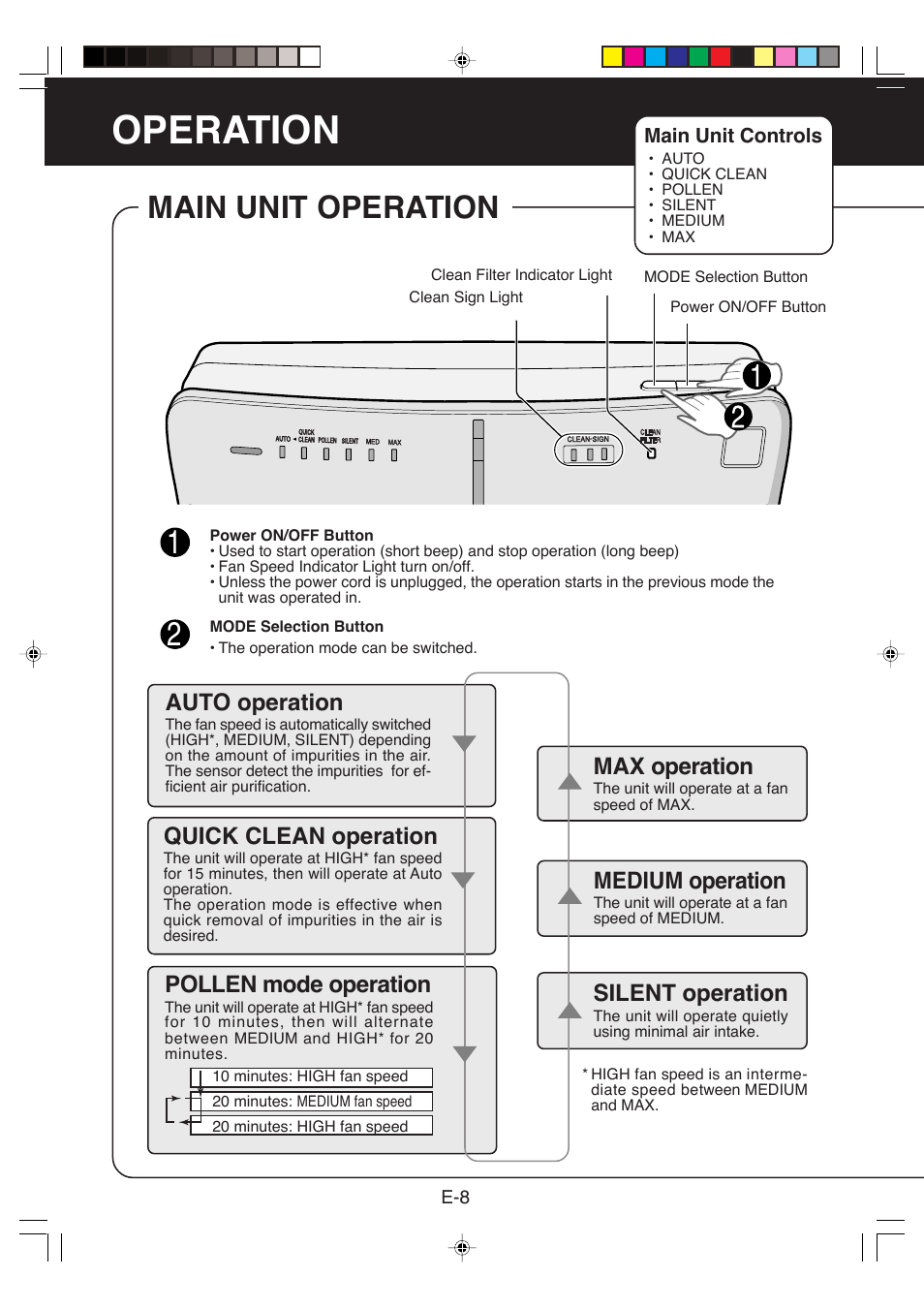 Operation, Main unit operation, Auto operation | Quick clean operation, Pollen mode operation, Medium operation, Max operation, Silent operation | Sharp FP-P35CX User Manual | Page 10 / 28