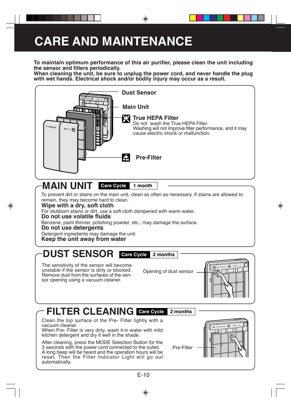 Care and maintenance, Dust sensor, Main unit filter cleaning | Sharp FP-P35CX User Manual | Page 12 / 28