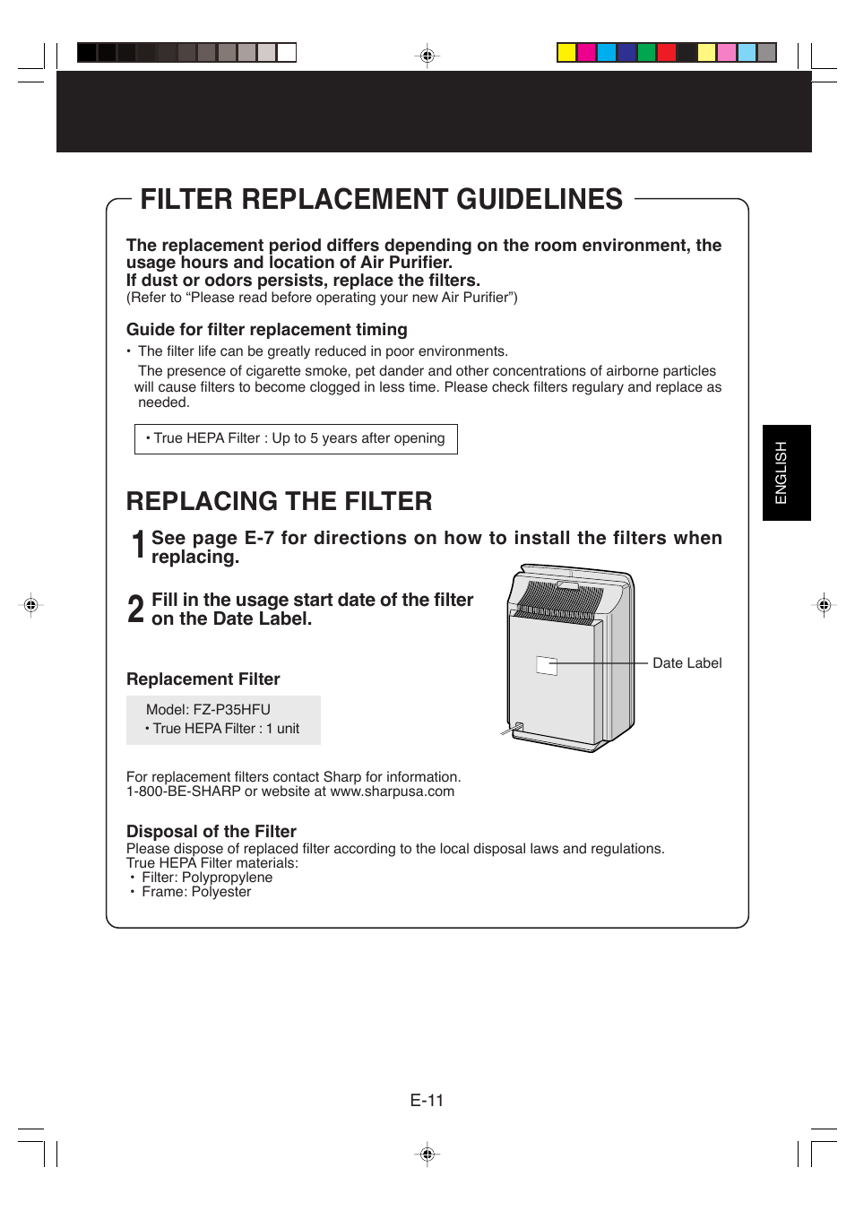 Filter replacement guidelines, Replacing the filter | Sharp FP-P35CX User Manual | Page 13 / 28