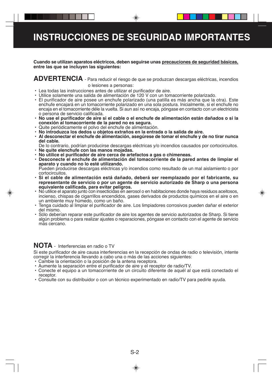 Instrucciones de seguridad importantes, Nota, Advertencia | Sharp FP-P35CX User Manual | Page 18 / 28