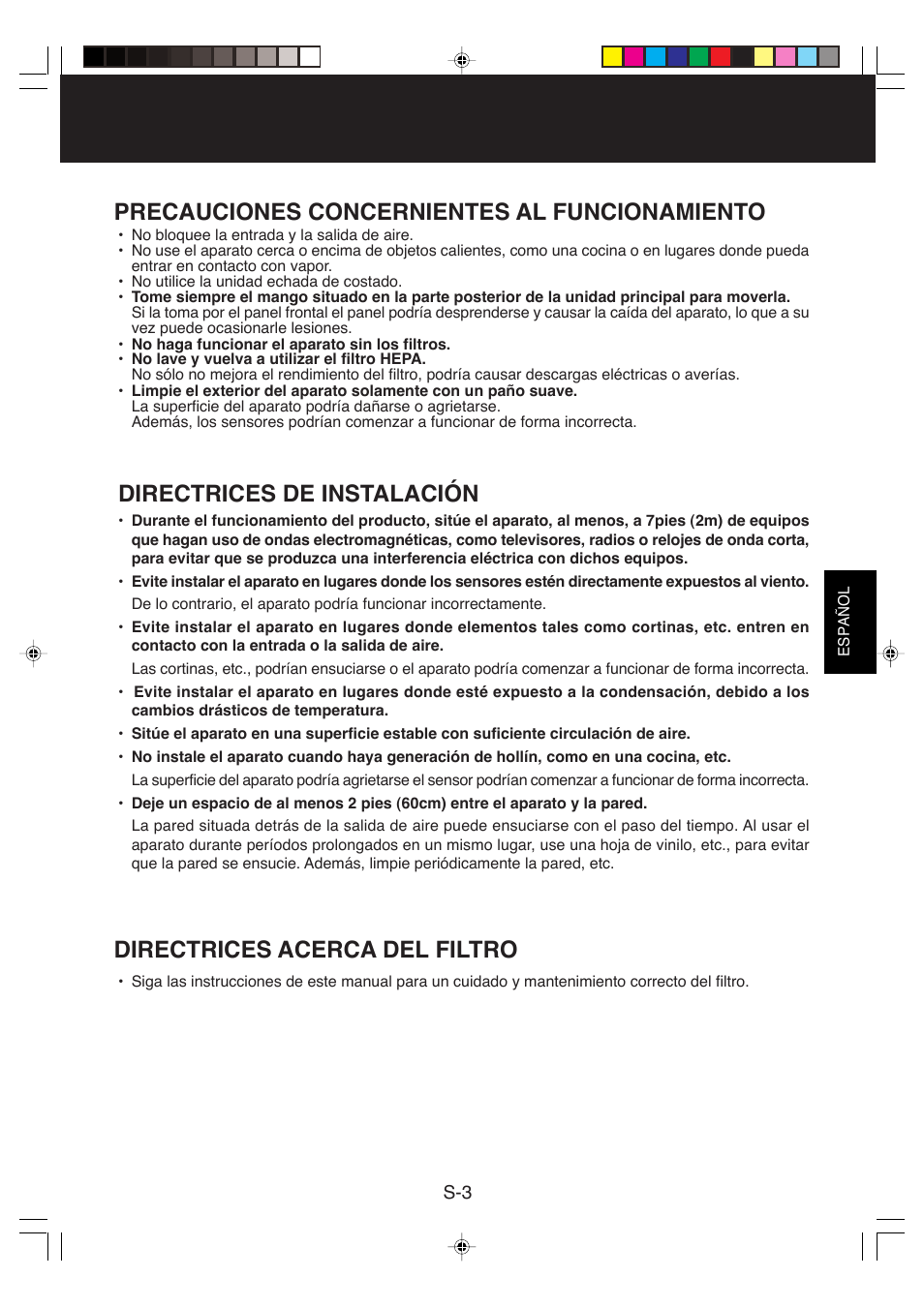 Precauciones concernientes al funcionamiento, Directrices acerca del filtro, Directrices de instalación | Sharp FP-P35CX User Manual | Page 19 / 28