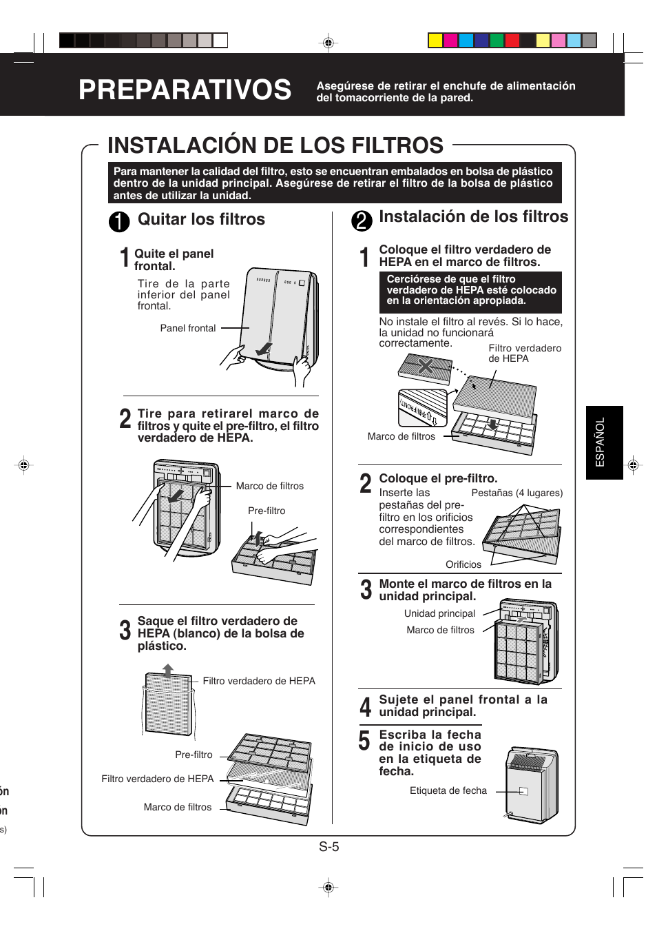 Preparativos, Instalación de los filtros | Sharp FP-P35CX User Manual | Page 21 / 28