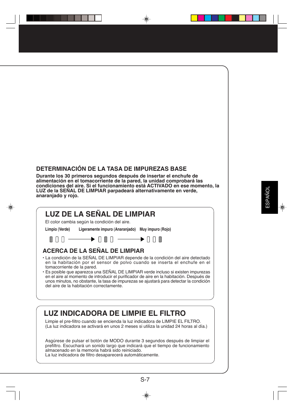 Luz de la señal de limpiar, Luz indicadora de limpie el filtro | Sharp FP-P35CX User Manual | Page 23 / 28