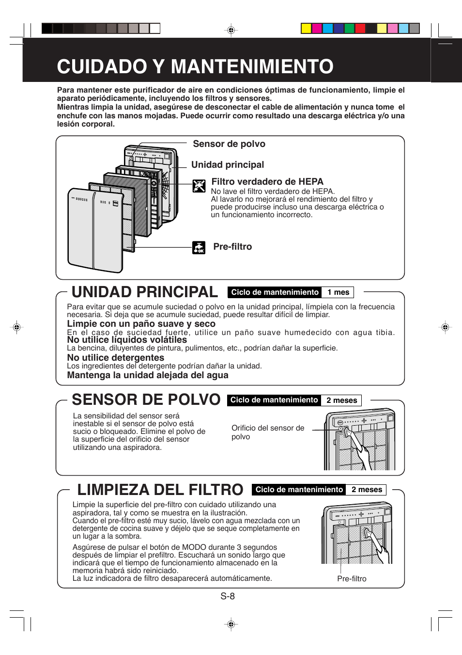 Cuidado y mantenimiento, Unidad principal, Sensor de polvo | Limpieza del filtro | Sharp FP-P35CX User Manual | Page 24 / 28