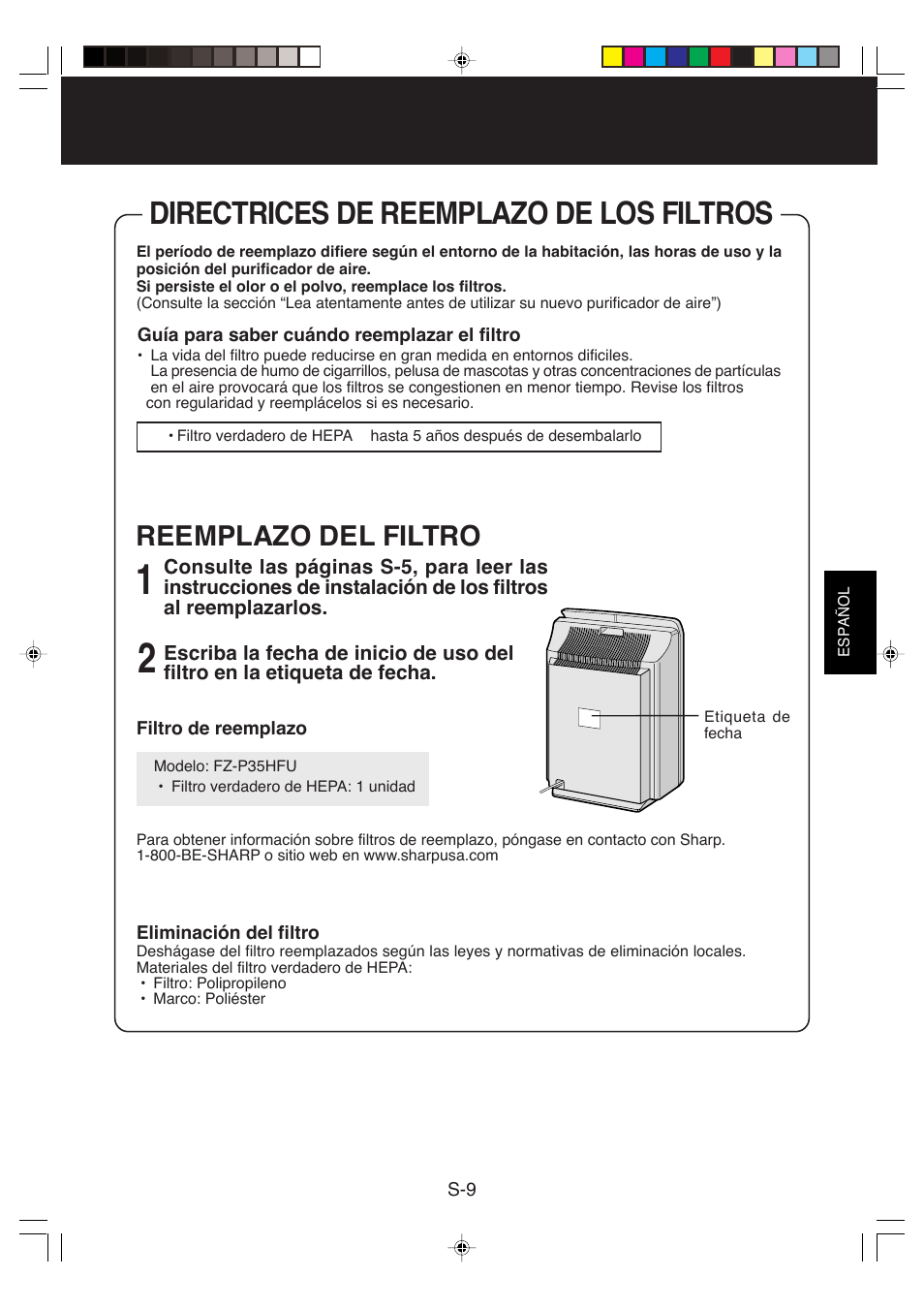 Directrices de reemplazo de los filtros, Reemplazo del filtro | Sharp FP-P35CX User Manual | Page 25 / 28