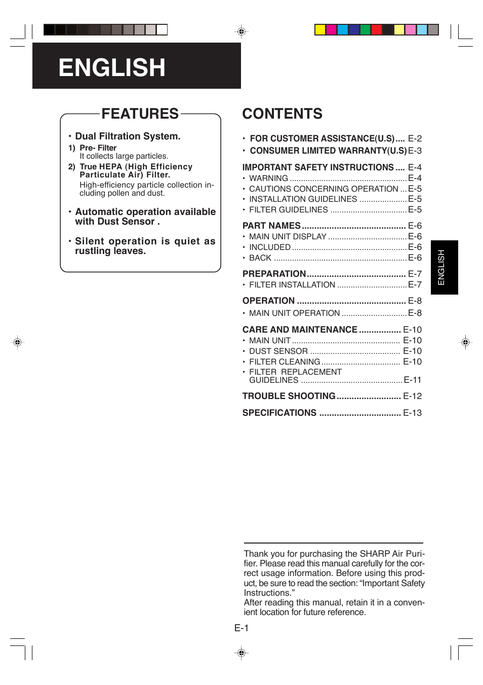 English, Features contents | Sharp FP-P35CX User Manual | Page 3 / 28