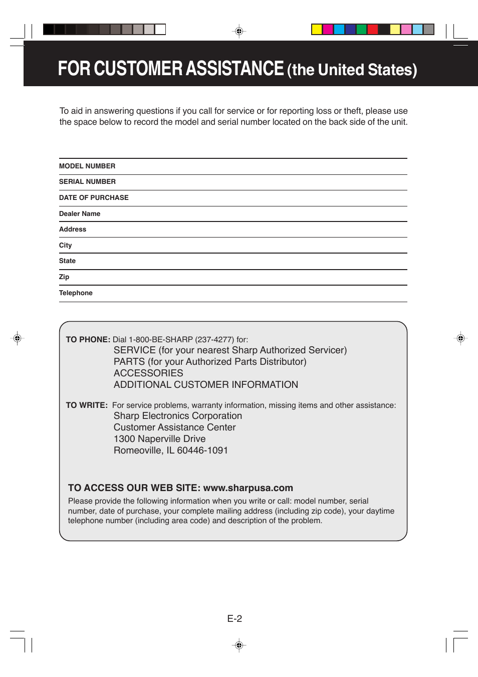 For customer assistance, The united states) | Sharp FP-P35CX User Manual | Page 4 / 28