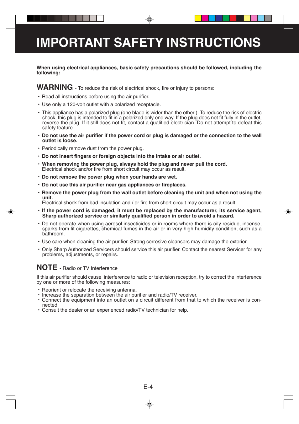 Important safety instructions, Warning | Sharp FP-P35CX User Manual | Page 6 / 28