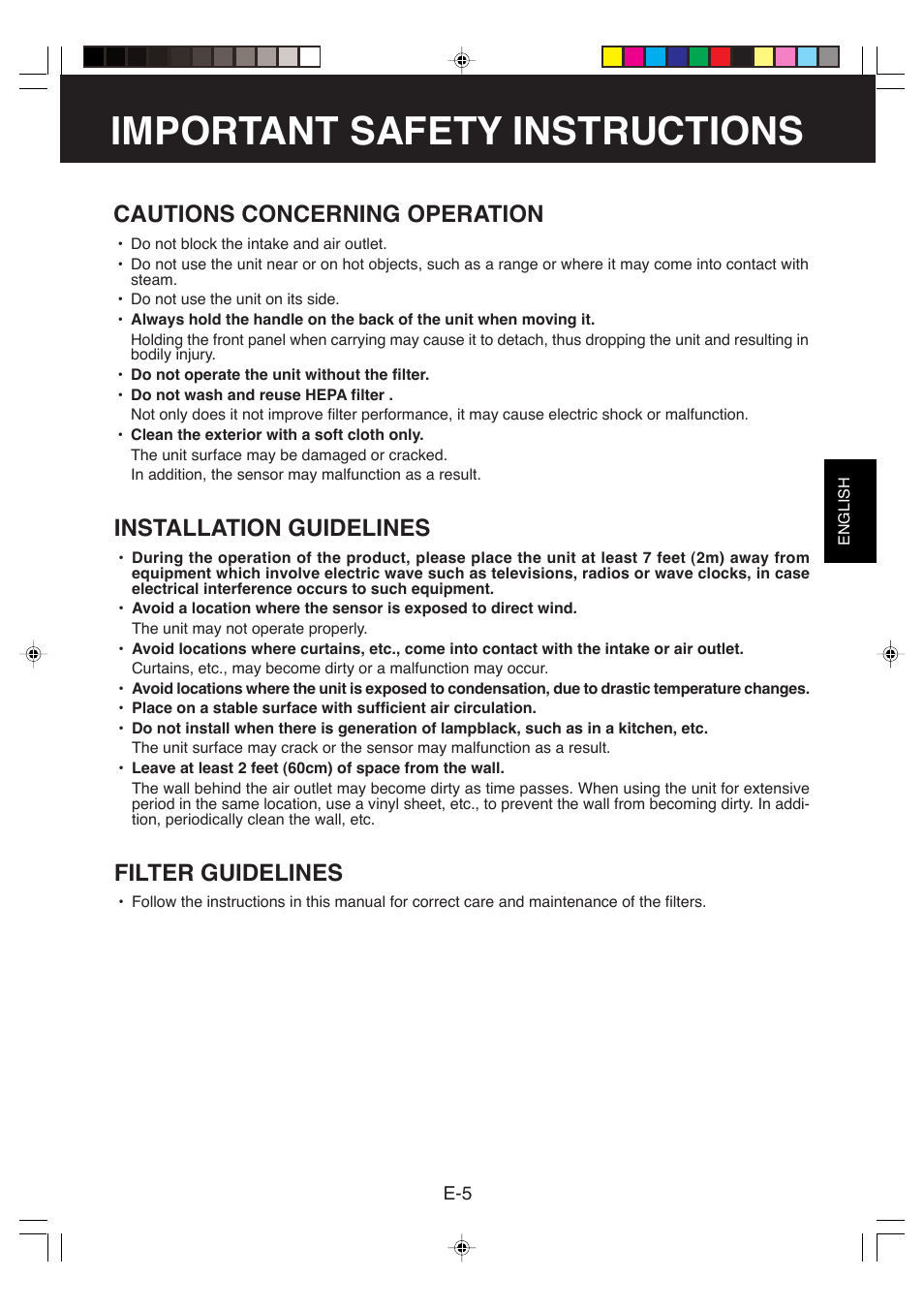 Important safety instructions, Cautions concerning operation, Installation guidelines | Filter guidelines | Sharp FP-P35CX User Manual | Page 7 / 28