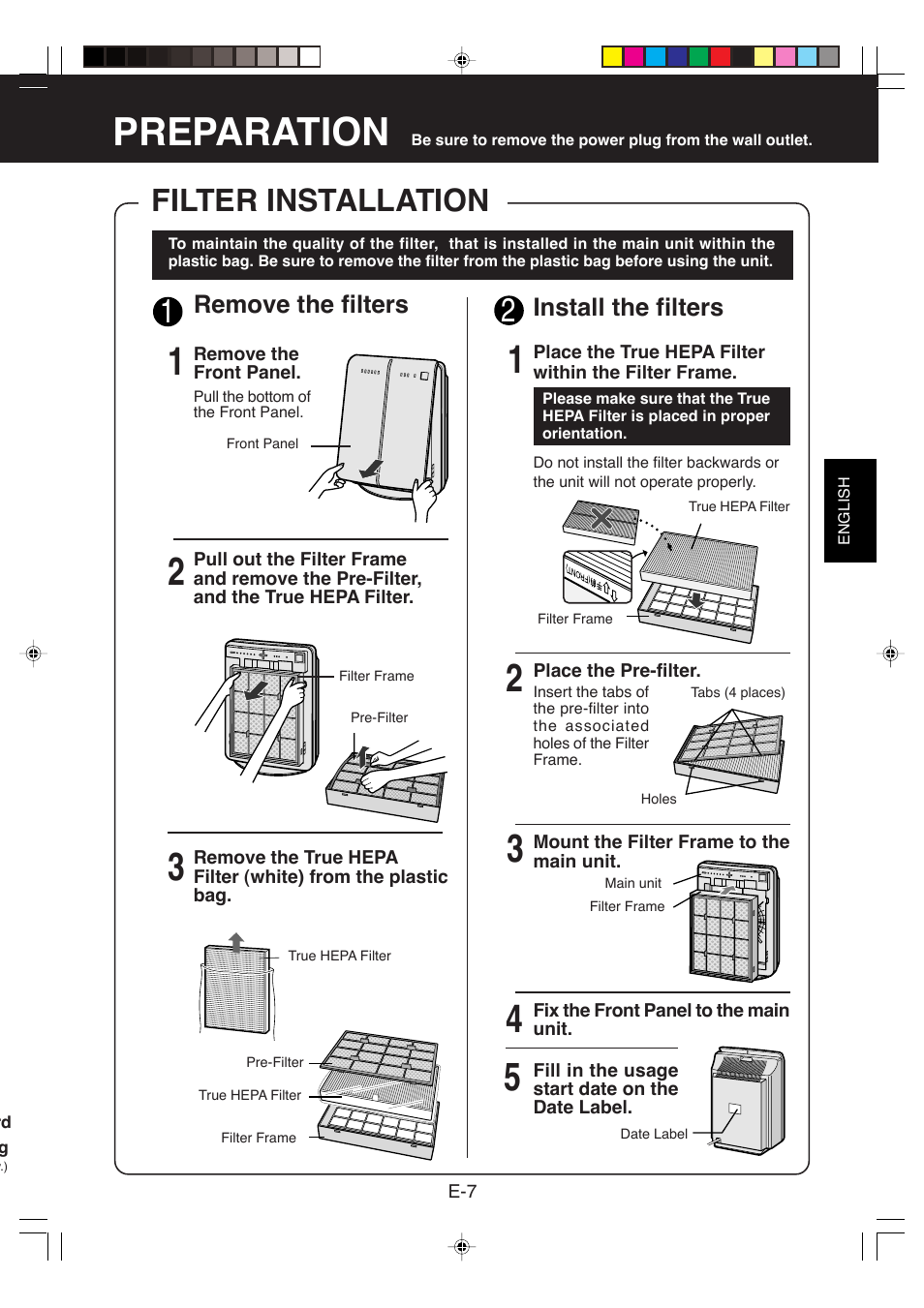 Preparation, Filter installation | Sharp FP-P35CX User Manual | Page 9 / 28