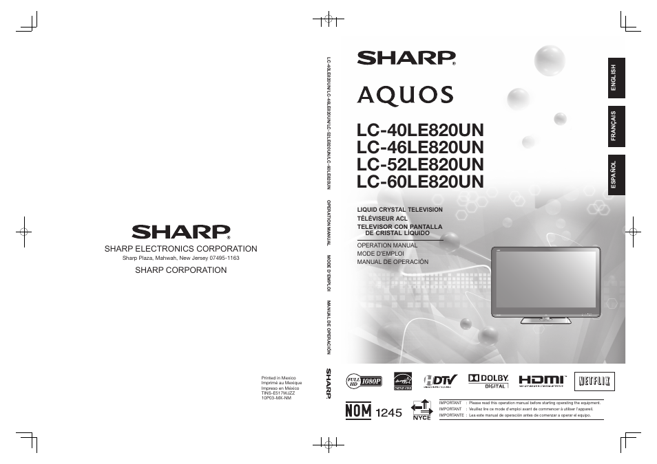 Sharp AQUOS 10P03-MX-NM User Manual | 72 pages