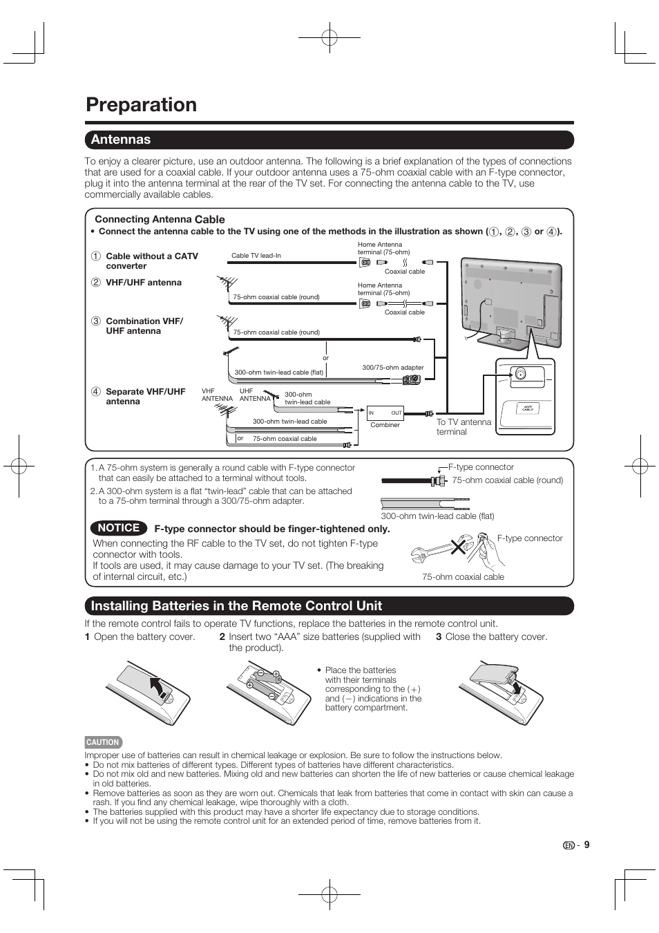 Preparation, Antennas, Installing batteries in the remote control unit | Cable | Sharp AQUOS 10P03-MX-NM User Manual | Page 11 / 72