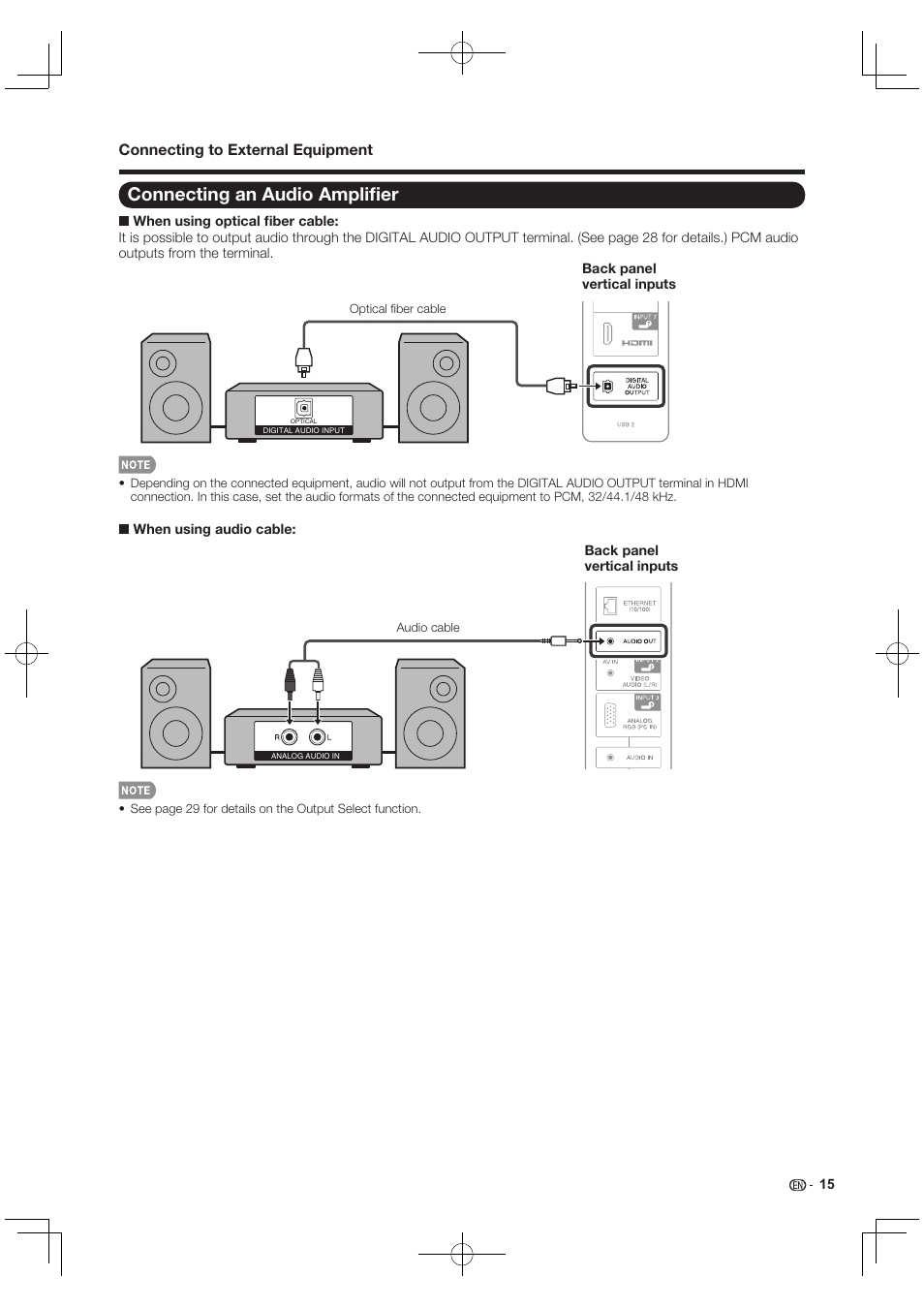 Connecting an audio amplifier, Connecting an audio ampliﬁ er | Sharp AQUOS 10P03-MX-NM User Manual | Page 17 / 72
