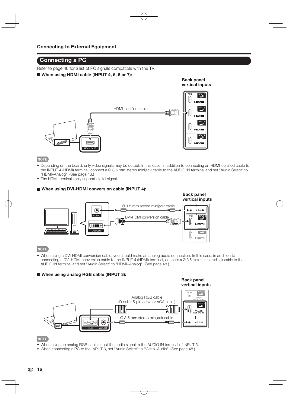 Connecting a pc, Connecting to external equipment | Sharp AQUOS 10P03-MX-NM User Manual | Page 18 / 72