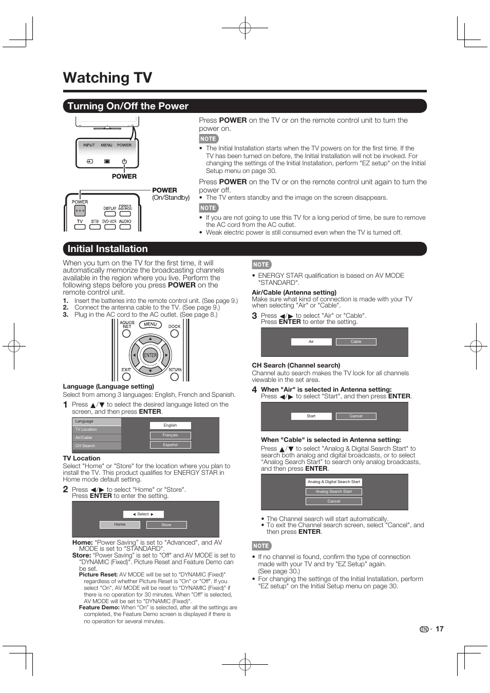 Watching tv, Turning on/off the power, Initial installation | Sharp AQUOS 10P03-MX-NM User Manual | Page 19 / 72