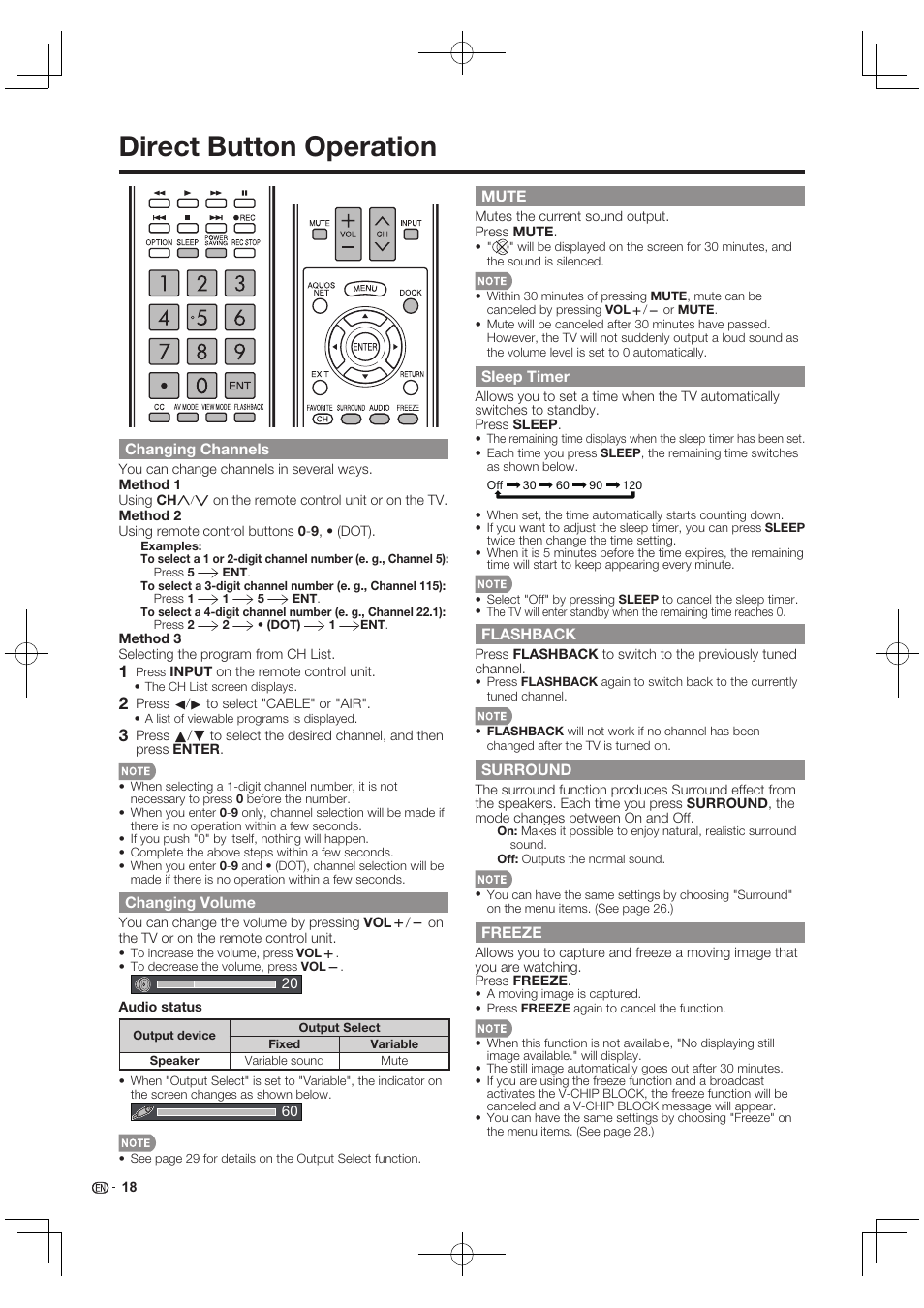 Direct button operation, Changing channels, Changing volume | Mute, Sleep timer, Flashback, Surround, Freeze | Sharp AQUOS 10P03-MX-NM User Manual | Page 20 / 72