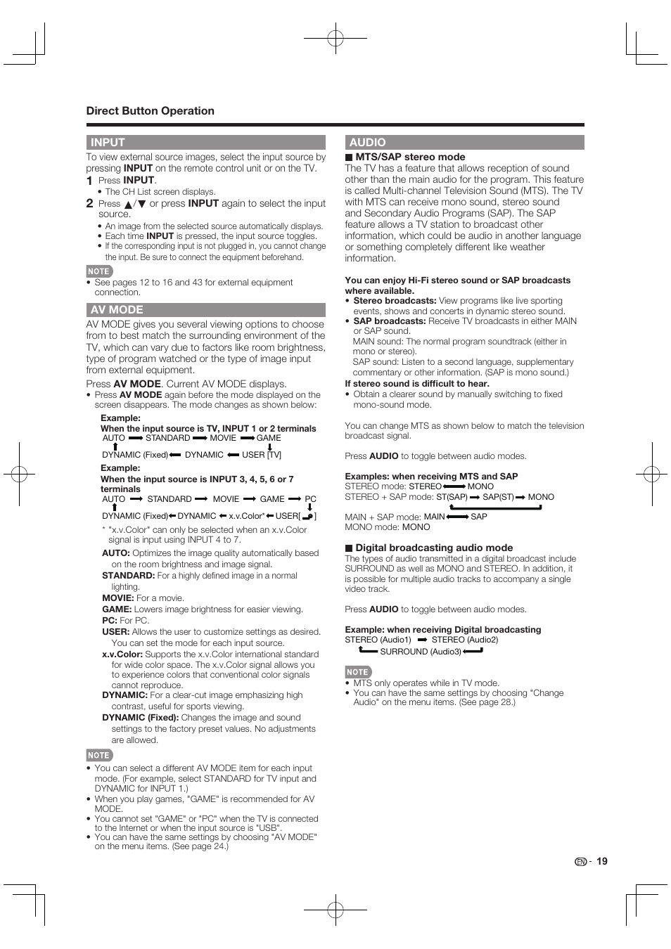 Input, Av mode, Audio | Sharp AQUOS 10P03-MX-NM User Manual | Page 21 / 72