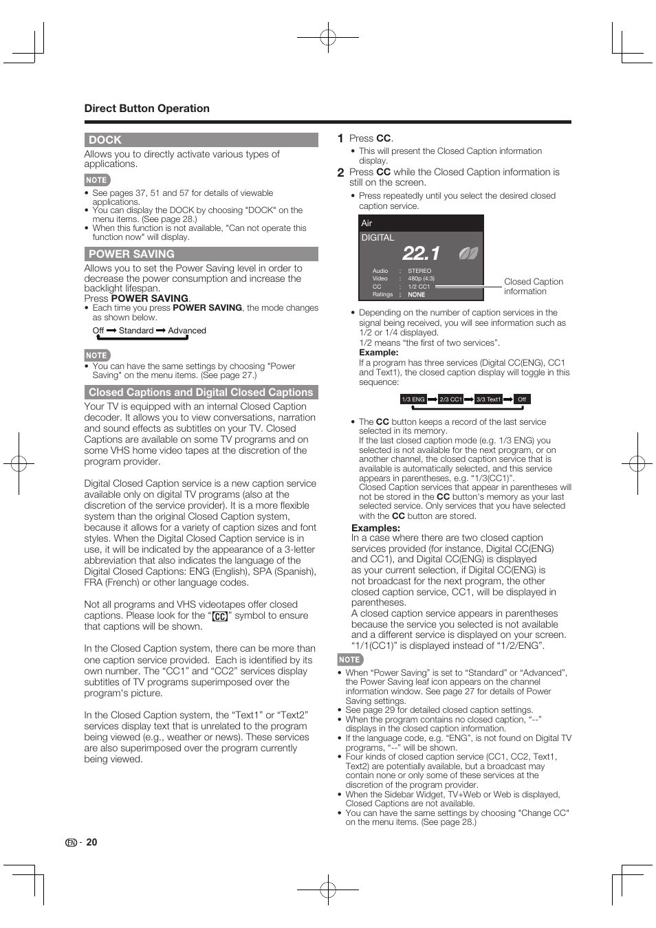 Dock, Power saving, Closed captions and digital closed captions | Direct button operation | Sharp AQUOS 10P03-MX-NM User Manual | Page 22 / 72