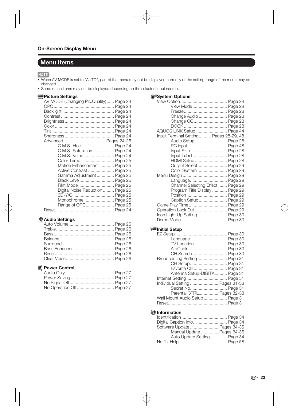 Menu items | Sharp AQUOS 10P03-MX-NM User Manual | Page 25 / 72