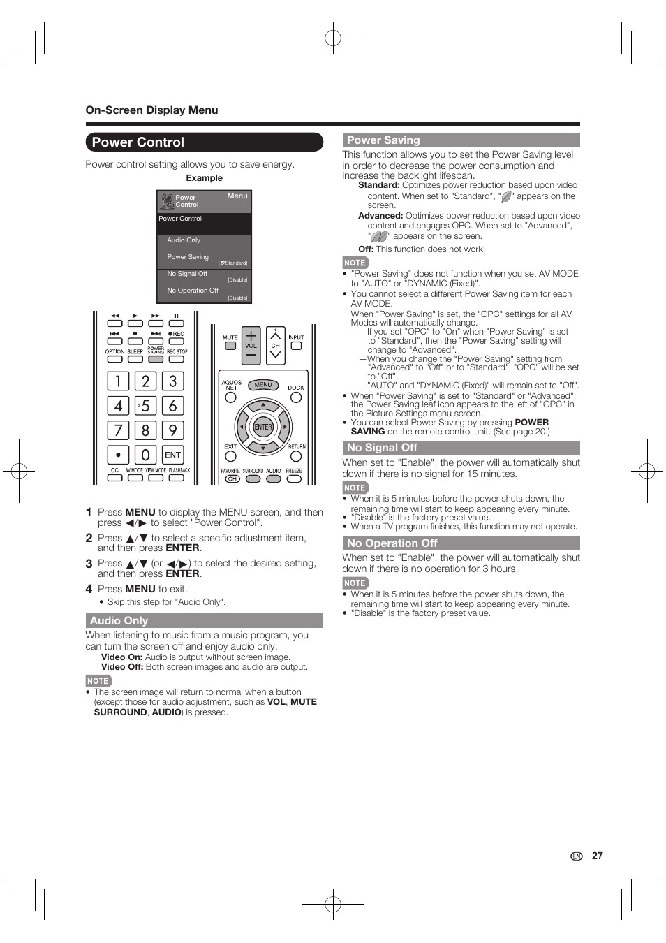 Power control | Sharp AQUOS 10P03-MX-NM User Manual | Page 29 / 72