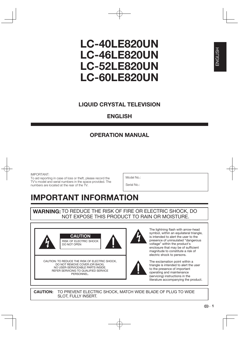 Important information, Operation manual, Liquid crystal television english | Warning | Sharp AQUOS 10P03-MX-NM User Manual | Page 3 / 72