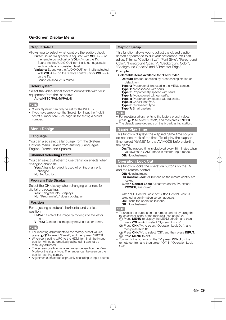 Menu design, Game play time, Operation lock out | On-screen display menu | Sharp AQUOS 10P03-MX-NM User Manual | Page 31 / 72