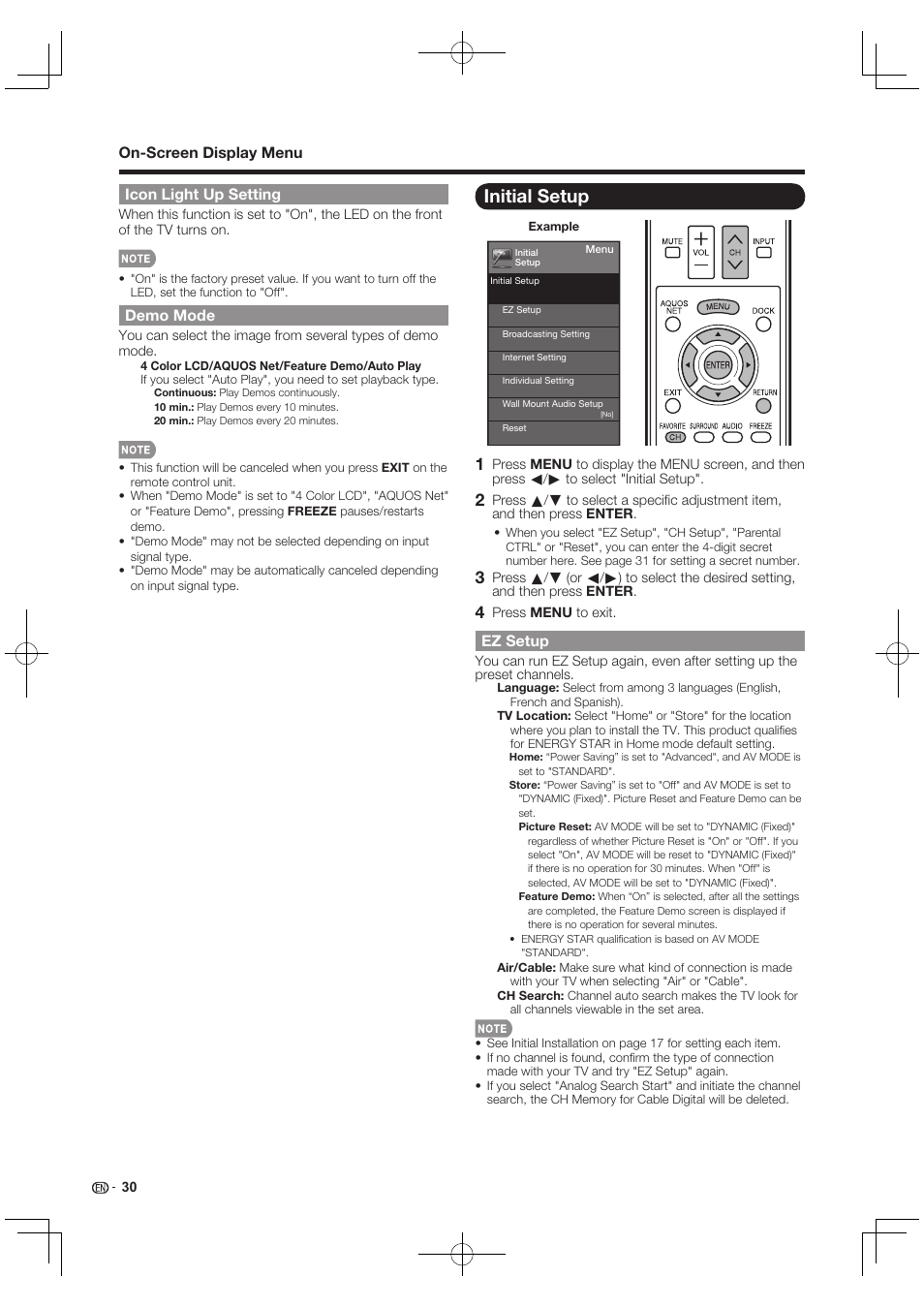 Initial setup, Icon light up setting, Demo mode | Ez setup, On-screen display menu | Sharp AQUOS 10P03-MX-NM User Manual | Page 32 / 72
