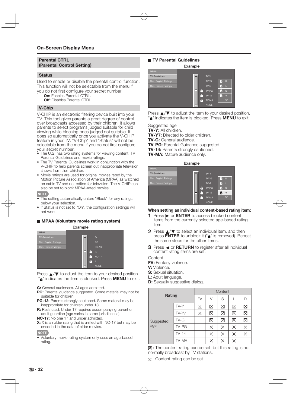 On-screen display menu | Sharp AQUOS 10P03-MX-NM User Manual | Page 34 / 72