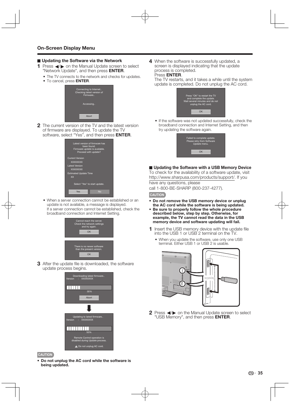 On-screen display menu, 35 ■ updating the software via the network | Sharp AQUOS 10P03-MX-NM User Manual | Page 37 / 72