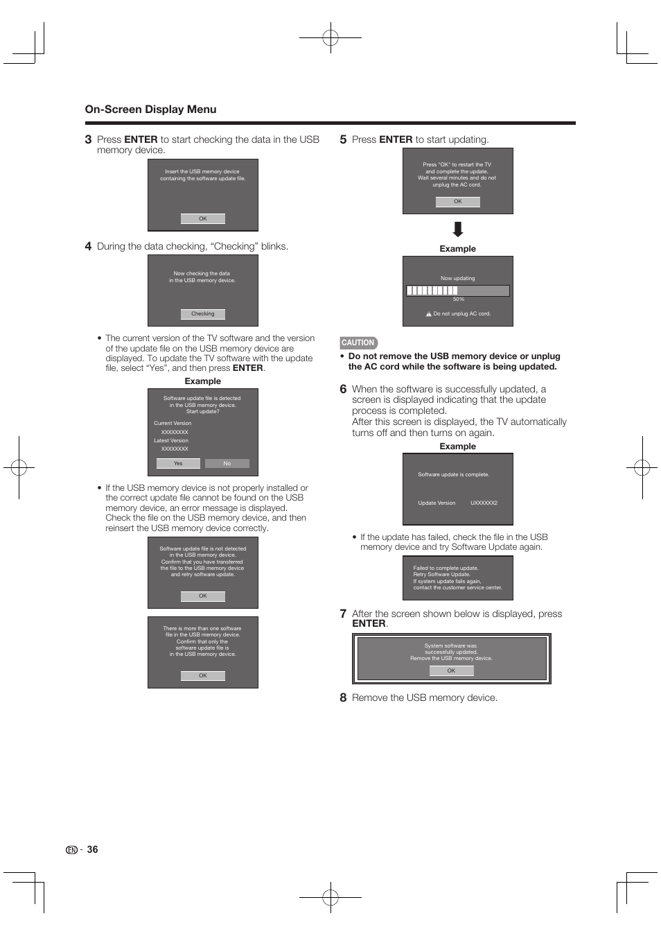 On-screen display menu, During the data checking, “checking” blinks, Press enter to start updating | Sharp AQUOS 10P03-MX-NM User Manual | Page 38 / 72